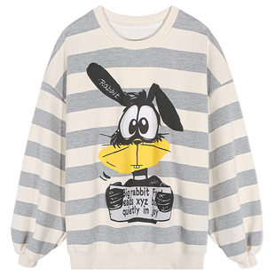 落落狷介条纹加绒卫衣女2025新款设计感小众宽松套头无帽外套圆领