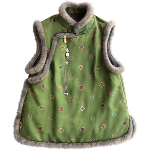 云澍花罗香云纱新中式复古国风水貂毛立领真丝加棉马甲棉服上衣女