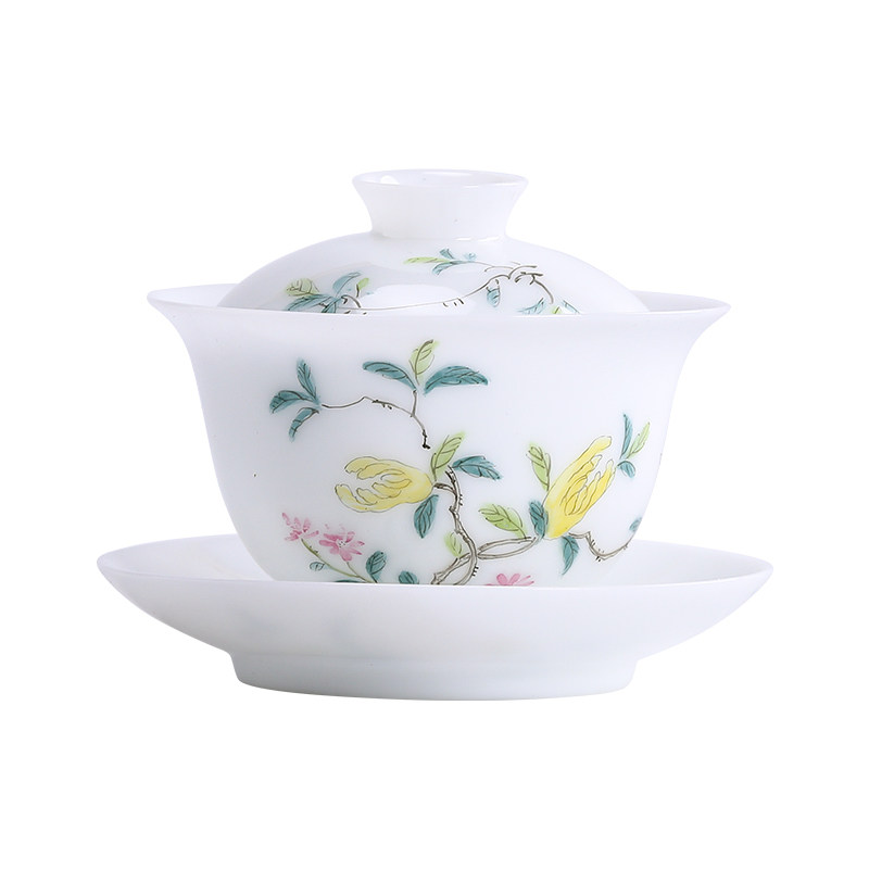 石榴花开茶具套装冰种玉瓷手绘