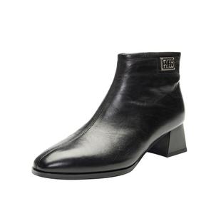 在喜尖头粗跟羊皮小短靴侧拉链百搭简约气质低跟单靴子Z33744328