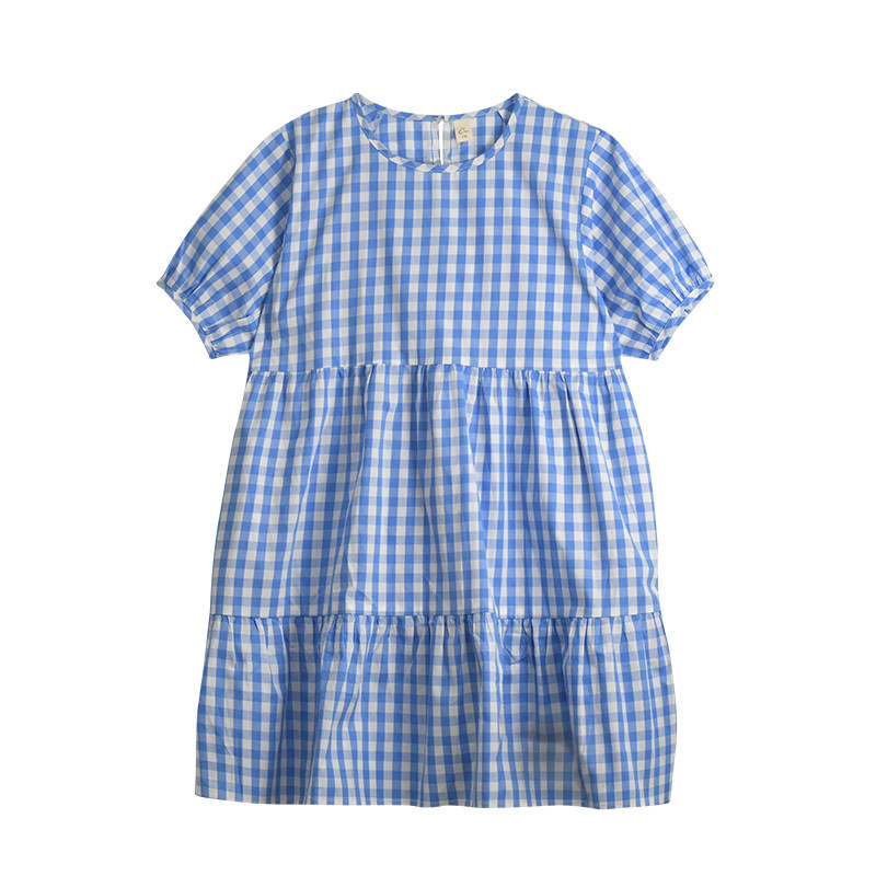 女童连衣裙夏季蓝色格子连衣裙子