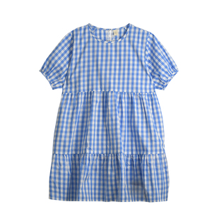 蔡爸爸童装2026小清新夏装女童过膝长裙蓝色格子连衣裙子儿童750