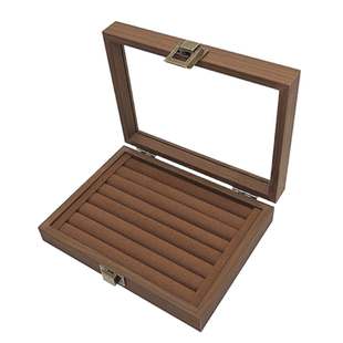 戒指首饰收纳盒小号黑胡桃木纹棕绒布耳钉耳环首饰收藏展示箱防尘