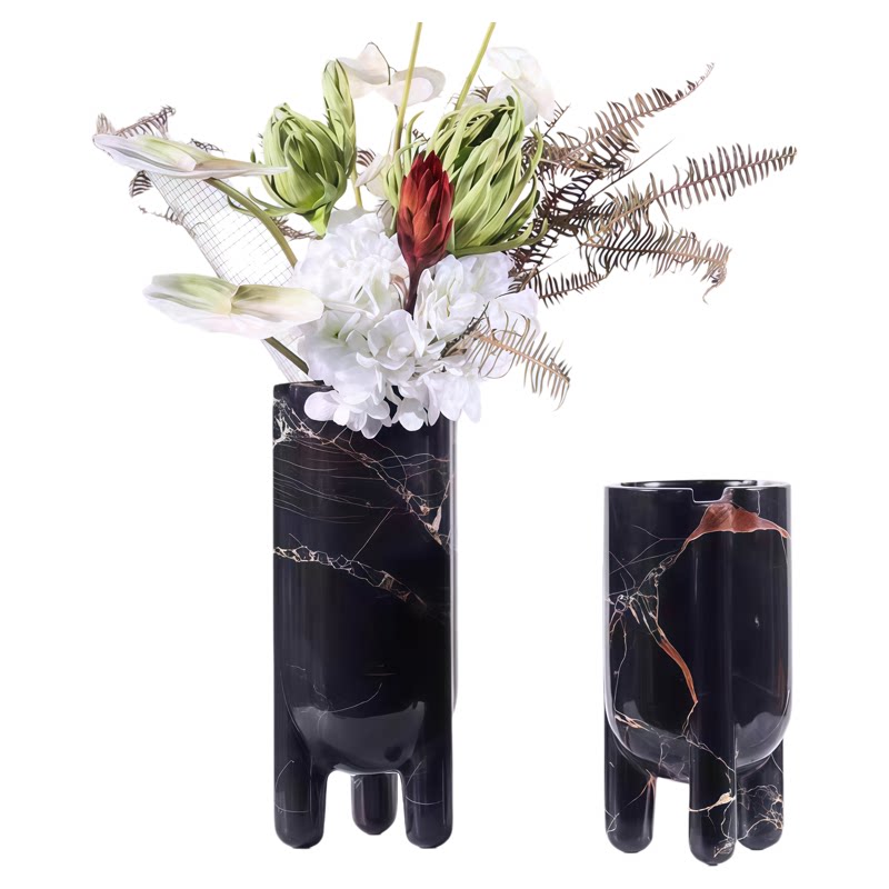 简约现代大理石直筒花瓶摆件客厅茶几餐桌面黄洞石花器家居装饰品