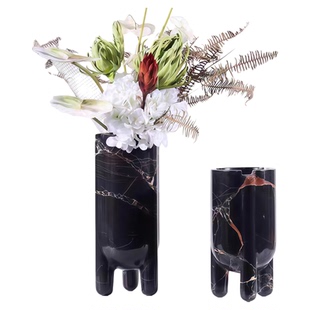 简约现代大理石直筒花瓶摆件客厅茶几餐桌面黄洞石花器家居装饰品