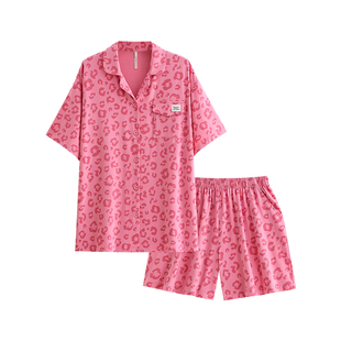 悦内睡衣女款夏季夏天纯棉短袖短裤家居服夏款玫红色豹纹开衫套装