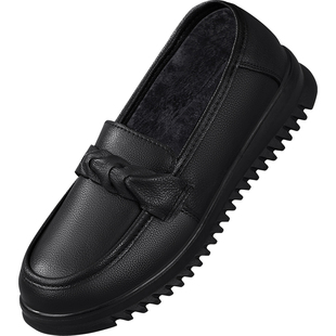 肯德基防滑工作鞋女皮鞋保暖冬季加绒厨房上班餐饮防水黑色妈妈鞋