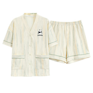草本西子7A抗菌睡衣女款夏款2026新款纯棉短袖薄款开衫家居服套装