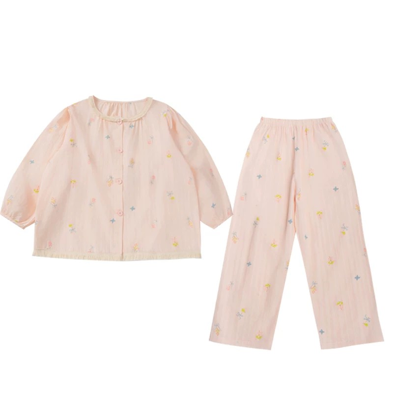 女童甜美风家居服夏季儿童睡衣春秋长袖小女孩花边纯棉中大童套装