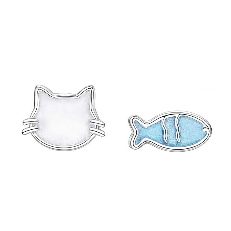S999纯银针猫与鱼耳钉甜美百搭