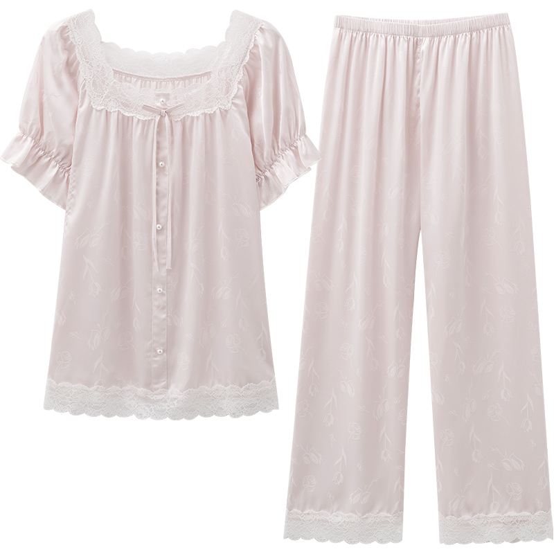 马克公主夏季女款冰丝甜美睡衣法式公主风蕾丝短袖长裤外穿家居服