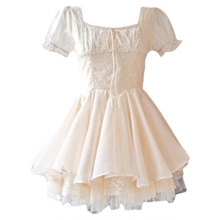 法式与纱共舞 14m五层裙摆蕾丝公主裙花边抽褶显瘦短袖千金蓬蓬裙