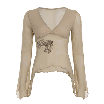 WEEKEEP 复古V领花卉印花不规则长袖T恤女百搭轻薄微透收腰上衣