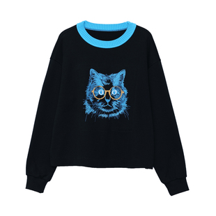 MOVEUP幻走2025秋季新款宽松套头撞色猫脸刺绣长袖短款卫衣女圆领