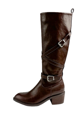真皮粗跟骑士靴尖头不过膝机车靴