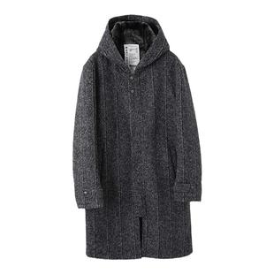 流石男装冬装连帽中长款外套2025年冬季男款加厚保暖绵羊毛呢大衣