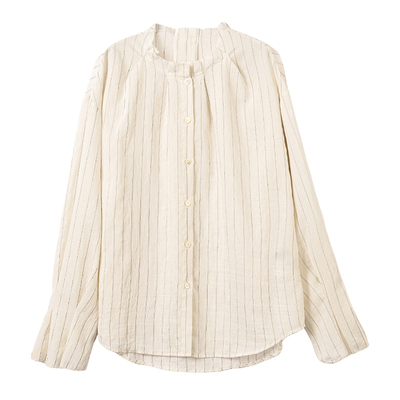 Sue.M 木耳边法式条纹长袖衬衫女26春新款立领荷叶边宽松女士衬衣
