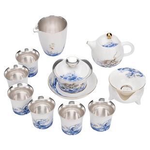容山堂固德白瓷鎏银青花功夫茶具套装整套家用盖碗泡茶杯礼品盒装