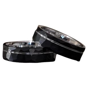 美国代购Band◇手作复古黑色锤制银碳化钨拉丝白金条结婚情侣戒指