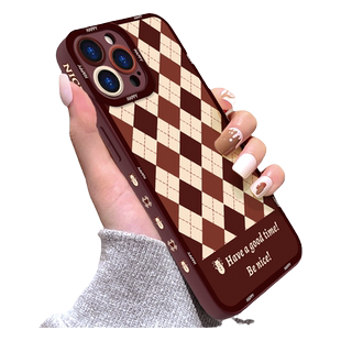 复古红格适用苹果14手机壳iphone13Pro简约17promax防摔11液态硅胶xsmax酒红小米civi创意华为p40软套vivox27