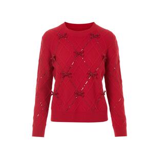 LIME莱茵圆领纯羊毛蝴蝶结装饰针织套头衫红色冬新款过年时尚毛衣