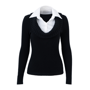 PynkiSwear 黑色/燕麦色衬衫拼翻领假两件针织毛衣高智上衣含羊毛