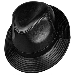 广帝 牛皮 春秋冬季真皮帽子男加厚大檐复古绅士中老年人保暖礼帽