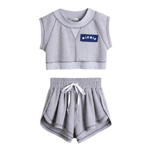 CAN春秋薄款设计感小众潮ins卫衣女圆领短款灰色上衣短裤套装