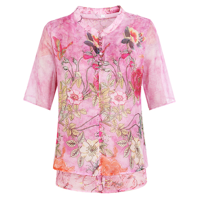 妈妈夏装短袖上衣洋气减龄套装中老年女装雪纺小衫两件套2025新款