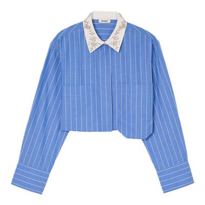 SANDRO女装花朵串珠蓝色条纹衬衫