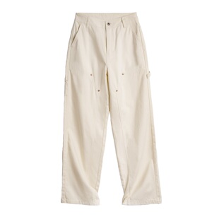 马登美式白色纯棉显腿直工装豆腐裤复古直筒休闲人字纹伐木裤春女