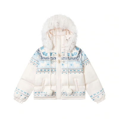 亿万少年原创费尔岛复古雪花兔子毛领连帽棉服外套女秋冬加厚棉衣