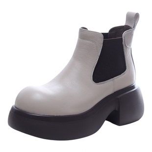 厚底粗跟短筒皮靴女圆头小个子套筒切尔西靴真皮时尚休闲烟筒靴子