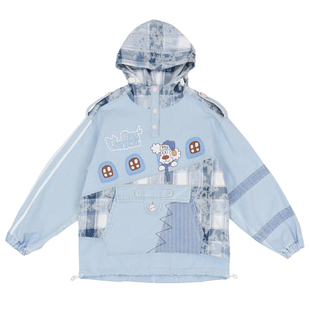 25秋装运动少女不对称上衣袋鼠兜格子拼接宽松慵懒连帽牛仔外套