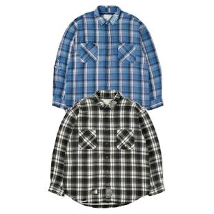 MADNESS 余文乐同款24AW 拼接牛仔水洗破坏重磅黑白格子长袖衬衫