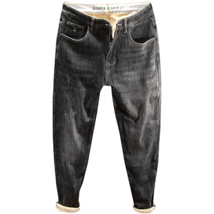 三古木棉 加绒加厚牛仔裤男秋冬保暖裤子男韩版潮牌宽松小脚长裤