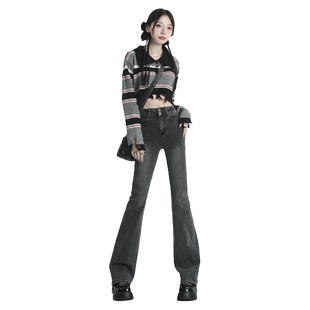 KRO高腰微喇叭牛仔裤女2024新款弹力双排扣显瘦修身宽松拖地长裤