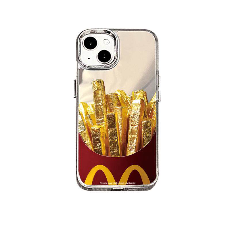 黄金万两薯条麦门17pro适用苹果16Promax创意15镜面14手机壳iPhone13补妆镜子12防摔11小众硬8pl