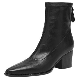 星期六高跟短靴女2025新款冬季尖头靴子法式粗跟瘦瘦女靴女士皮靴