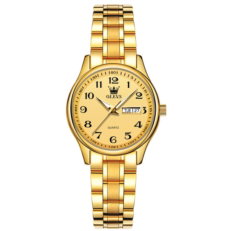 正品牌中年老年人女表手表女款机械表女全自动石英名数字盘黄金色