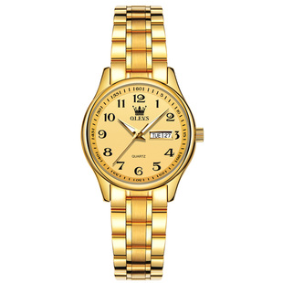 正品牌中年老年人女表手表女款机械表女全自动石英名数字盘黄金色