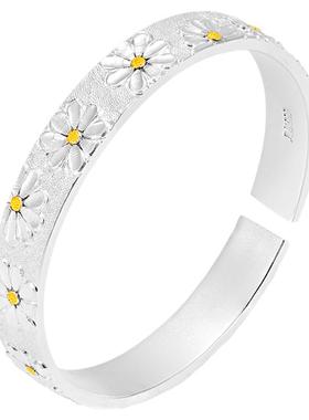 镶金小雏菊足银999纯银手镯女文艺民族风新中式实心镯子开口手环