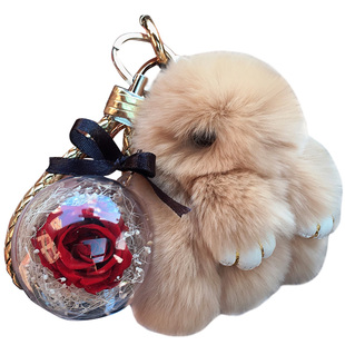 真獭兔毛小兔子毛绒玩偶永生花球车钥匙扣萌兔手机挂饰公仔包挂件