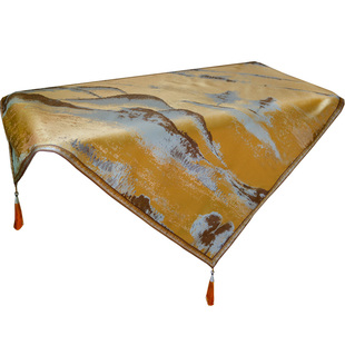 高山流水茶几桌布黄色轻奢新中式床头柜盖布黑色茶几方桌布盖金色
