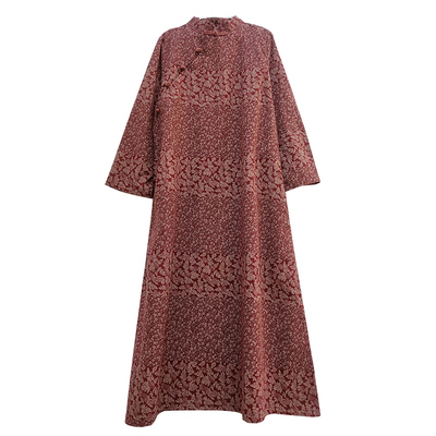 通勤文艺A型棉麻碎花盘扣加绒