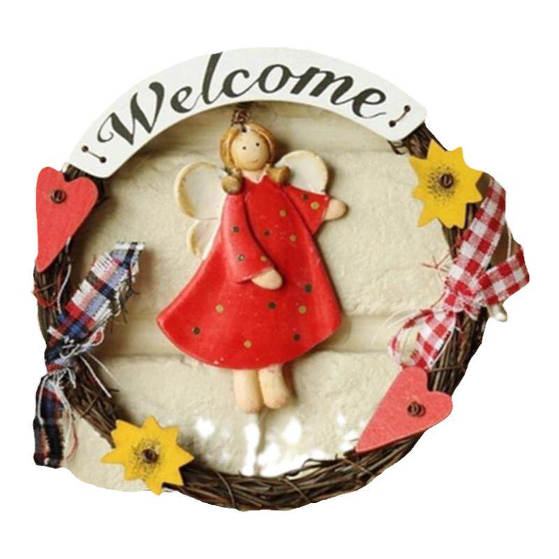 welcome爱心欢迎天使卡哇伊风格壁饰新年圣诞节挂饰藤艺花环装饰