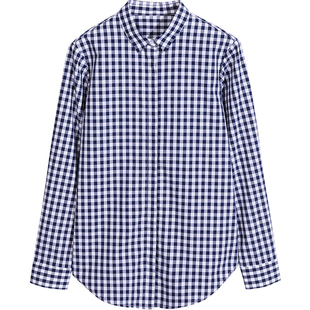 蓝色小格子衬衫女长袖纯棉春秋法式休闲气质加绒轻奢上衣职业衬衣