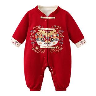百天宝宝衣服秋冬婴儿红色加绒连体衣中式中国风新年装拜年服周岁