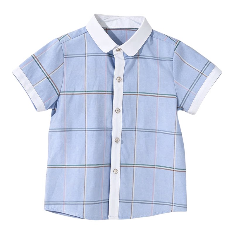 菲菲牛夏季棉质蓝白格子校服衬衫