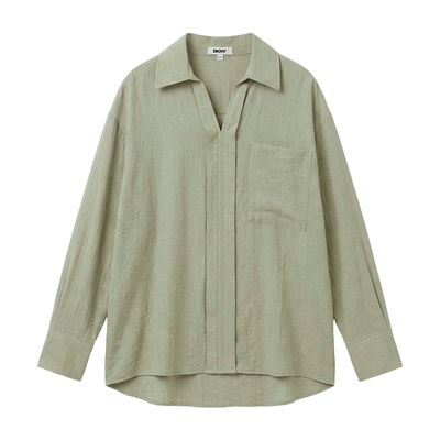 V领落肩宽松纯色长袖衬衫